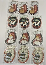 12 Wood Christmas Gift Tags or Ornaments Christmas Tree Reindeer Snowman NEW