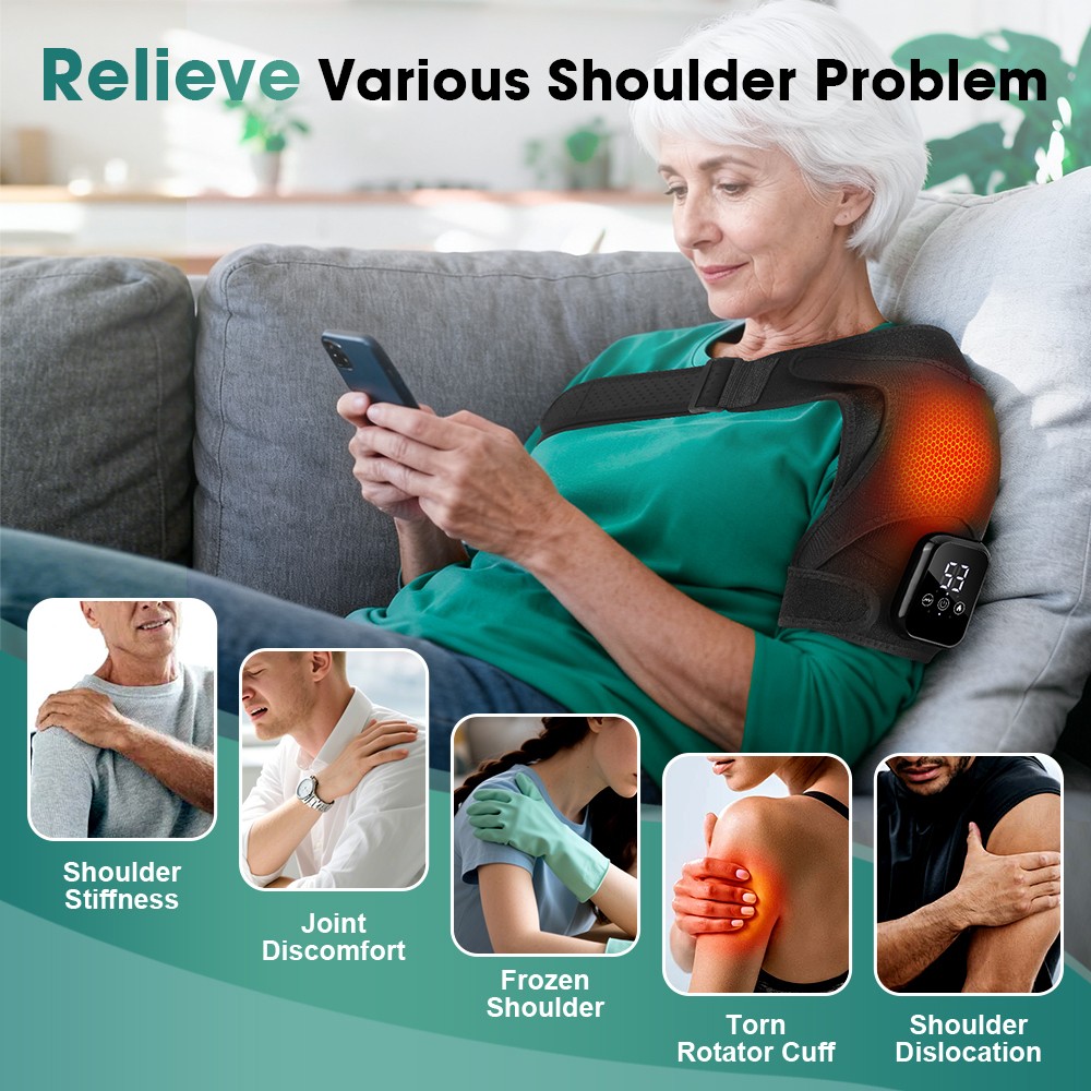 Cordless Heated Shoulder Brace Support Wrap 3 Mode Vibration &Heated Massage Pad — image 9