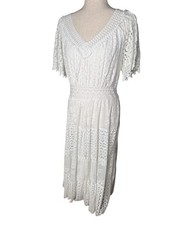 NWT White Eyelet Lace Maxi Dress Flutter Sleeves Crochet Edwardian Romantic Sz M