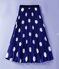 Print Polka Dot Pleated Midi Skirt with Elastic High Waist Non-Stretch Polyester