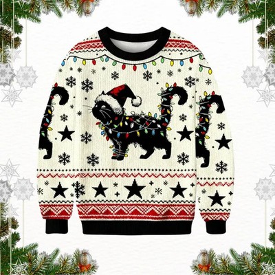 Cute UNISEX Ugly Christmas Sweater Black Cat Santa Hat Lights Knit Jumper