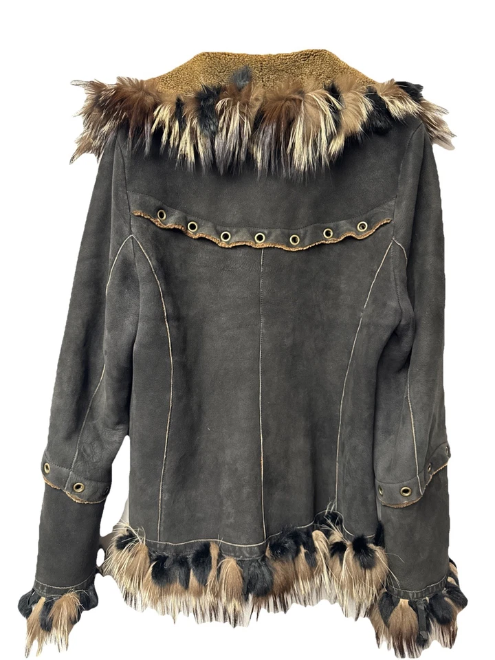 Italy Venezia Black real sheepskin shearling jacket real Fur Trim L/XL - Image 2 of 4