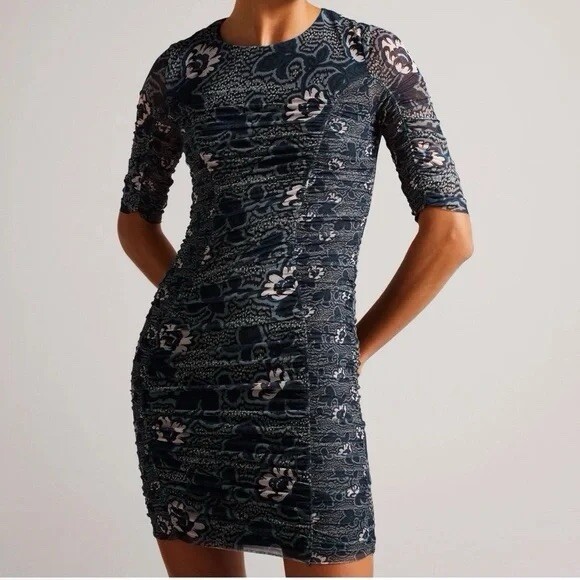 TED BAKER LONDON VELVIT RUCHED MESH DRESS BODYCON FLORAL
