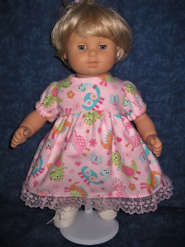 For 15" Bitty Baby Pink Flannel Dinosaur Character and Butterfly Nightgown