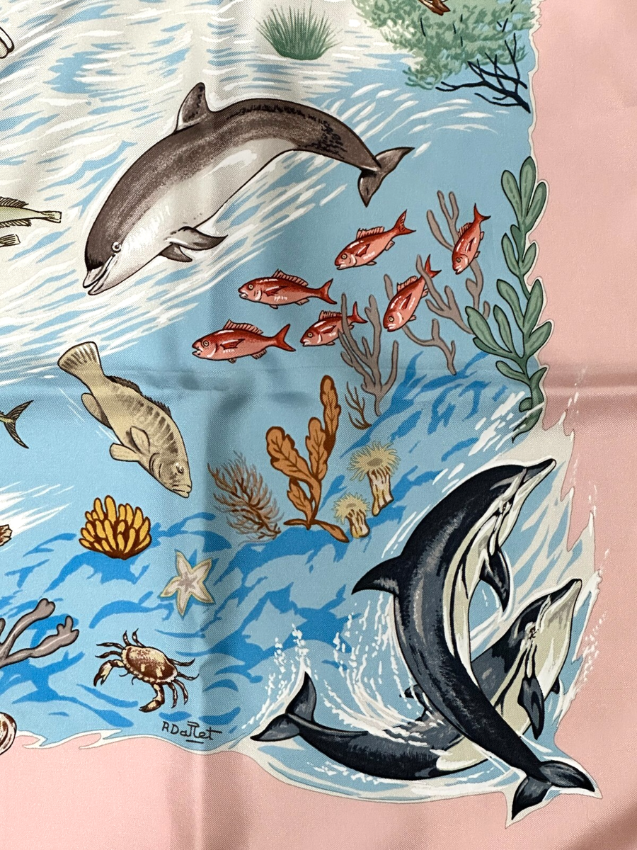 美品◎HERMES エルメス ヴィンテージ La Vie Precieuse de la Mediterranee 地中海の貴重な命 シルクHボタン 半袖ツイルレーヌトップス M RARE VTG HERMES La Vie Precieuse de la Mediterranee Carre 90