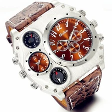 Men's Dual Time Decorative Compass Thermometer Dial Leather Quartz Wrist Watches