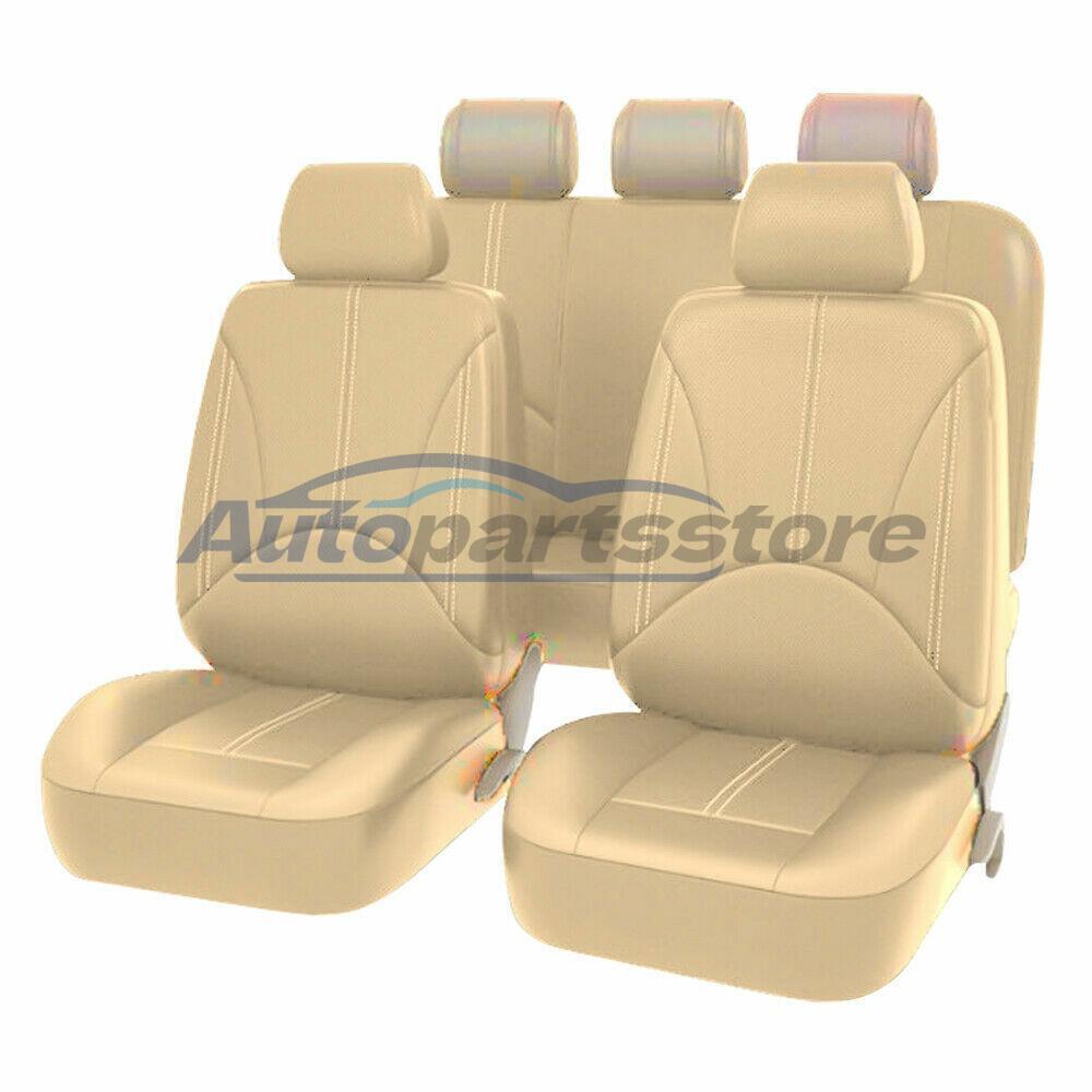 Beige PU Leather Car Seat Cover Full Set Front Rear Seat Cushion Mat Protector