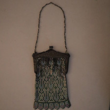 ANTIQUE SILVER GREEN VINTAGE 1920s METAL MICRO MESH LINK PURSE STEEL CUT