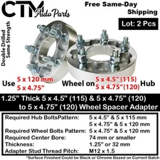 2x 1.25" Thick 5x4.75(5x120) 74mm CB Wheel Spacer Adapter Fit 12x1.5 Stud Models