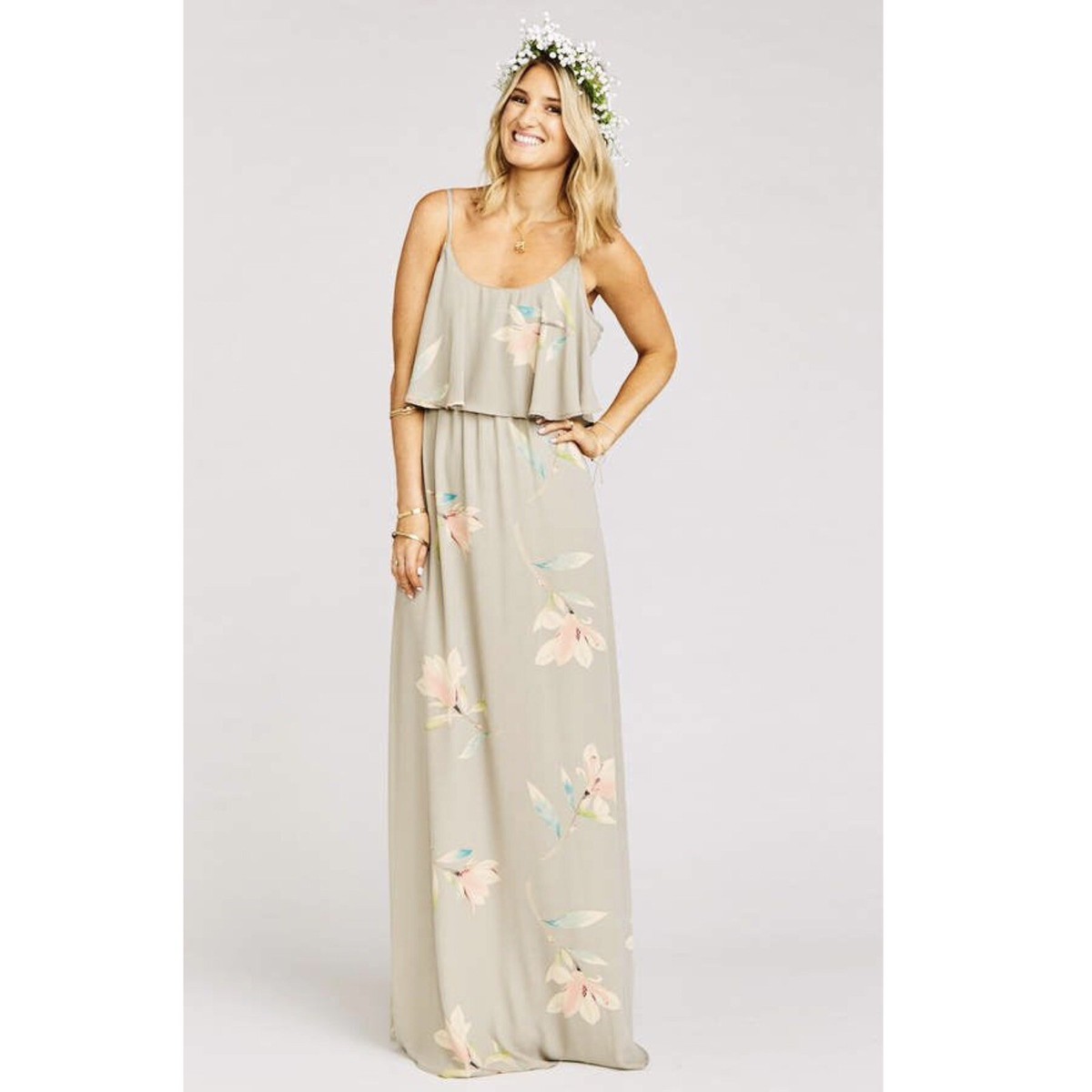 NWT Show Me Your MuMu Caitlin Ruffle Maxi Dress in Lily Showers Gray Sz.  Small | eBay