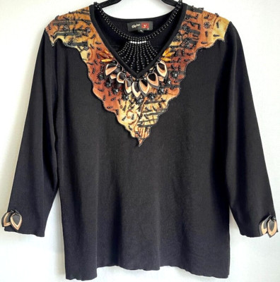 Jumper Stephen Y Sweater Women Large XL  Black V Neck Embellished Flower Pattern