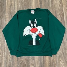 VTG Sylvester the Cat Sweatshirt Men's XL Green 90s Warner Bros Looney Tunes