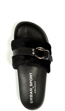 Urban Sport by J/Slides Womens Gold Buckle Slide Sandals Black Faux Fur 6M NEW.