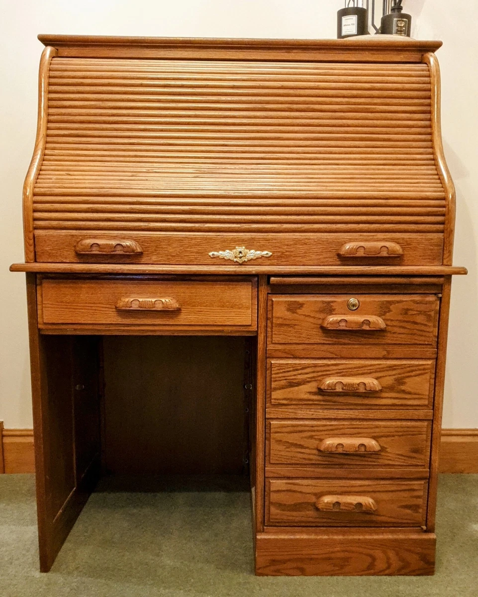 Wooden Roll Top Bureau Desk Office Solid
