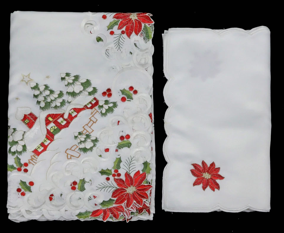Holiday Embroidered Christmas Tree Poinsettia Tablecloth & Napkins White 6700W  - Image 4 of 4