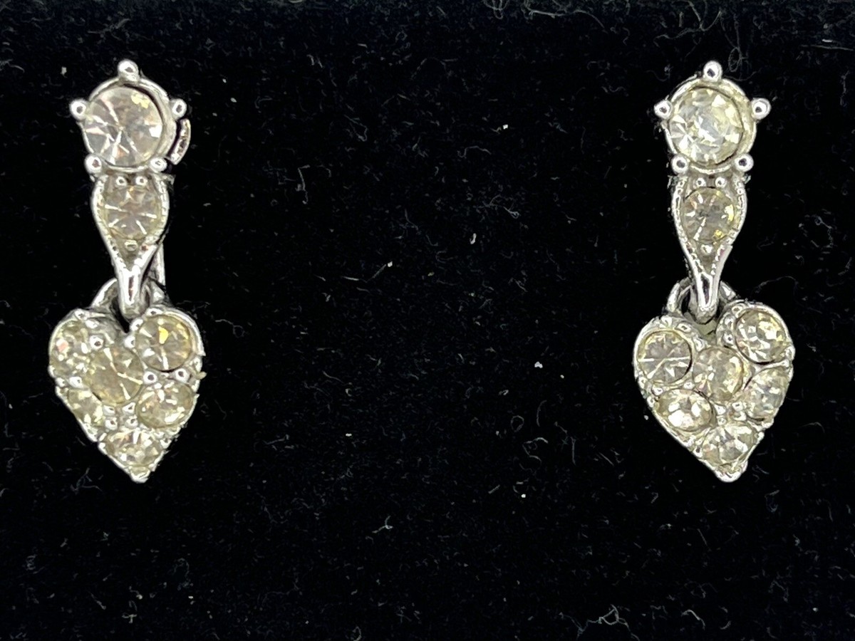 Vintage Signed Bogoff Screw back Heart Dangle Drop Rhinestone