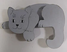 Vintage Wood Cat Figurine 8in Cut Out Blue 3D Shelf Sitter Kitten Figure Rare