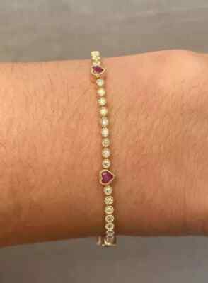 8Ct Lab Created Diamond Tennis Bezel Ruby Heart Bracelet 14K Yellow Gold Finish