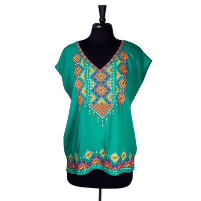 Savanna Jane Womens L Boho Embroidered Blouse Turquoise Aztec Colorful Boutique