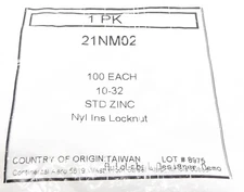 (100) Unbranded 21NM02 Nylon Insert Lock Nuts – Steel Zinc Size 10–32