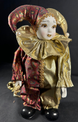 Clown Jester Porcelain Doll Music Box Wind Up Moves and Plays/w