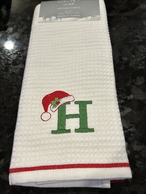 NWT Coronet Home Initial  H  W Santa Hat Set Of 2 100% Cotton Kitchen Towels