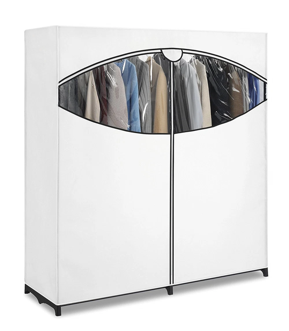 Whitmor clothes closet with cheap white fabric cover