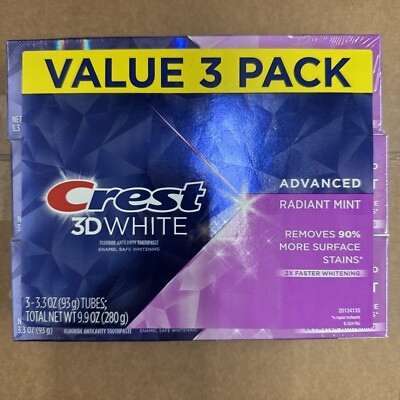 Crest 3D White Advanced Whitening Toothpaste, Radiant Mint, 3.3 oz, Pack of 3