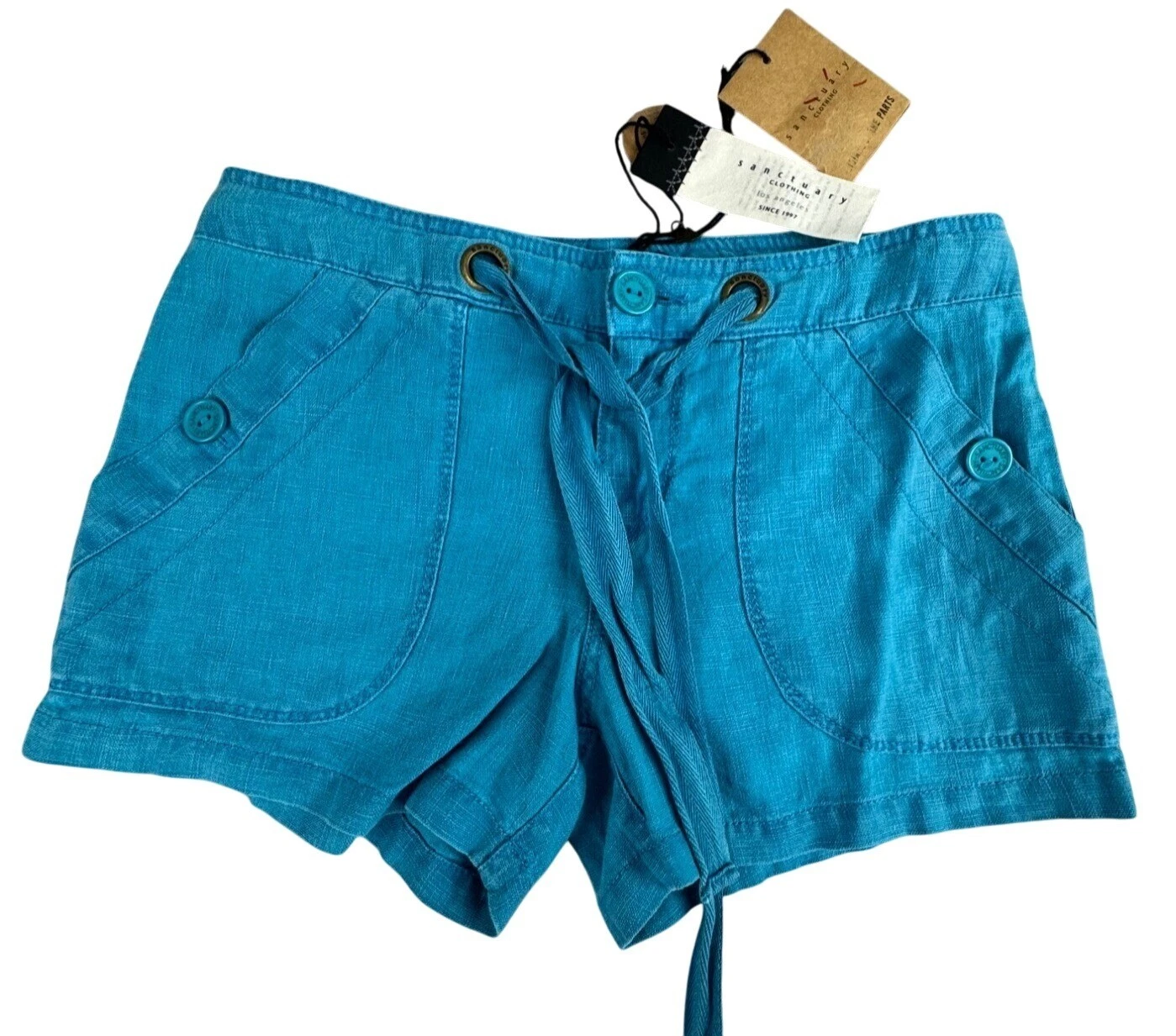 Sanctuary Womens 0/24 Linen Drawstring Shorts Blue Lightweight Vacation Beach