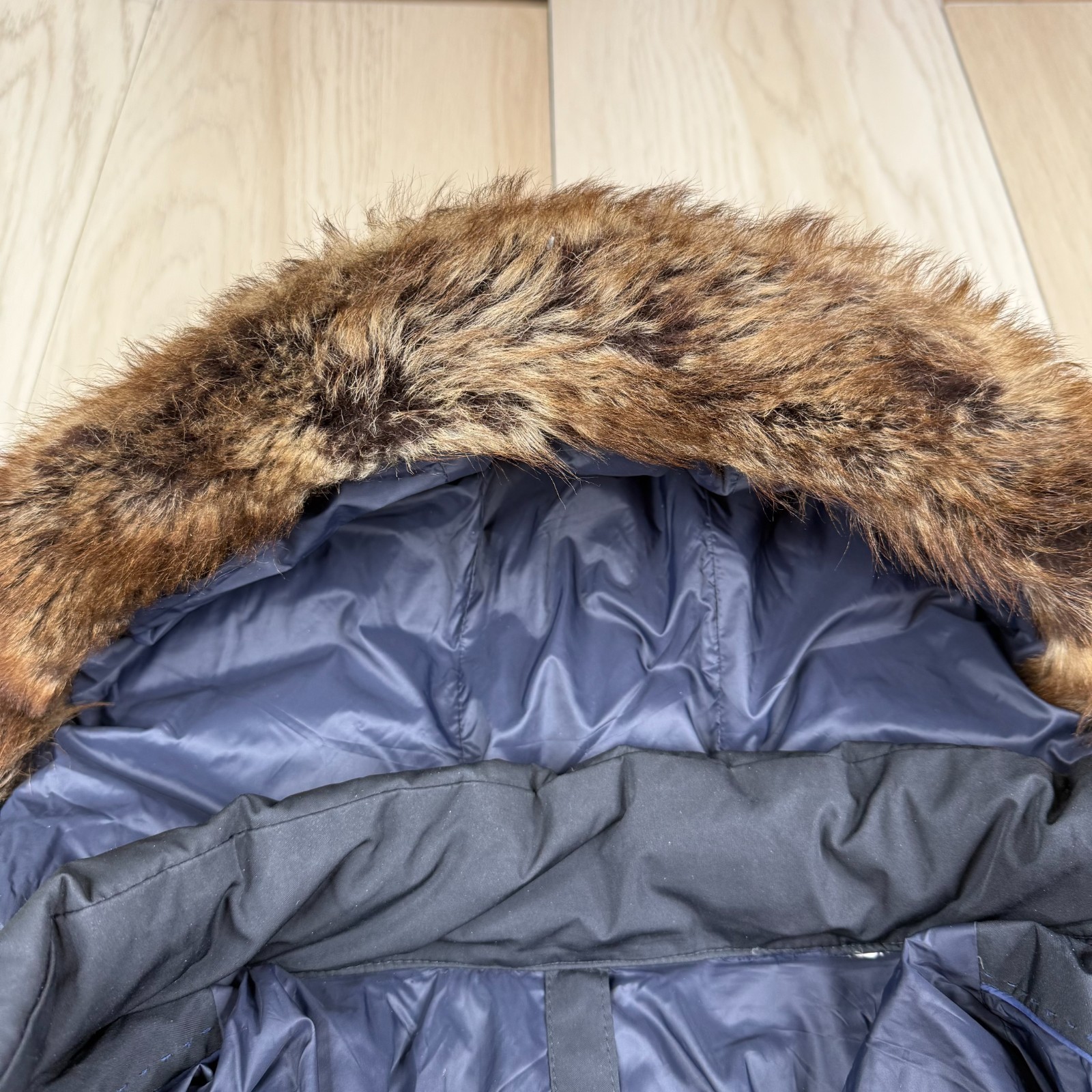 Massimo Dutti Mens Navy Blue Down Feather Fur Trim Hooded Parka Jacket Size XL thumbnail 6