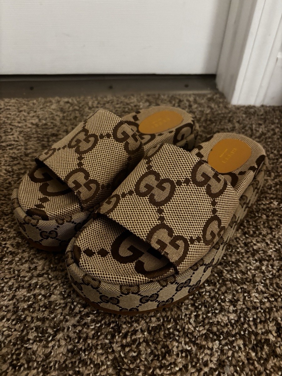 Gucci GG Logo Platform Slide Sandals Beige Brown Fabric Comfort