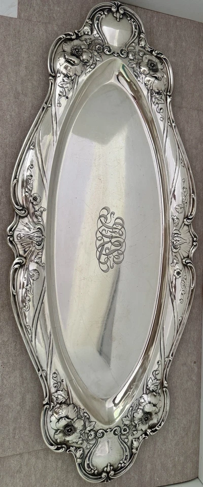 PLATO DE PESCADO RARO CAÑA BARTON ESTERLINA ART NOUVEAU LES CINQ FLOR 28" 1905 Foto 3 de 4