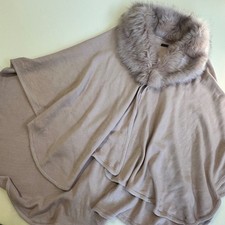 Coco Carmen Mauve Taupe Knit Poncho Wrap with Faux Fur Collar One Size