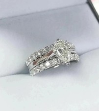 3.34Ct Pear Lab Created Diamond 14K White Gold FN Solitaire Engagement Ring Set