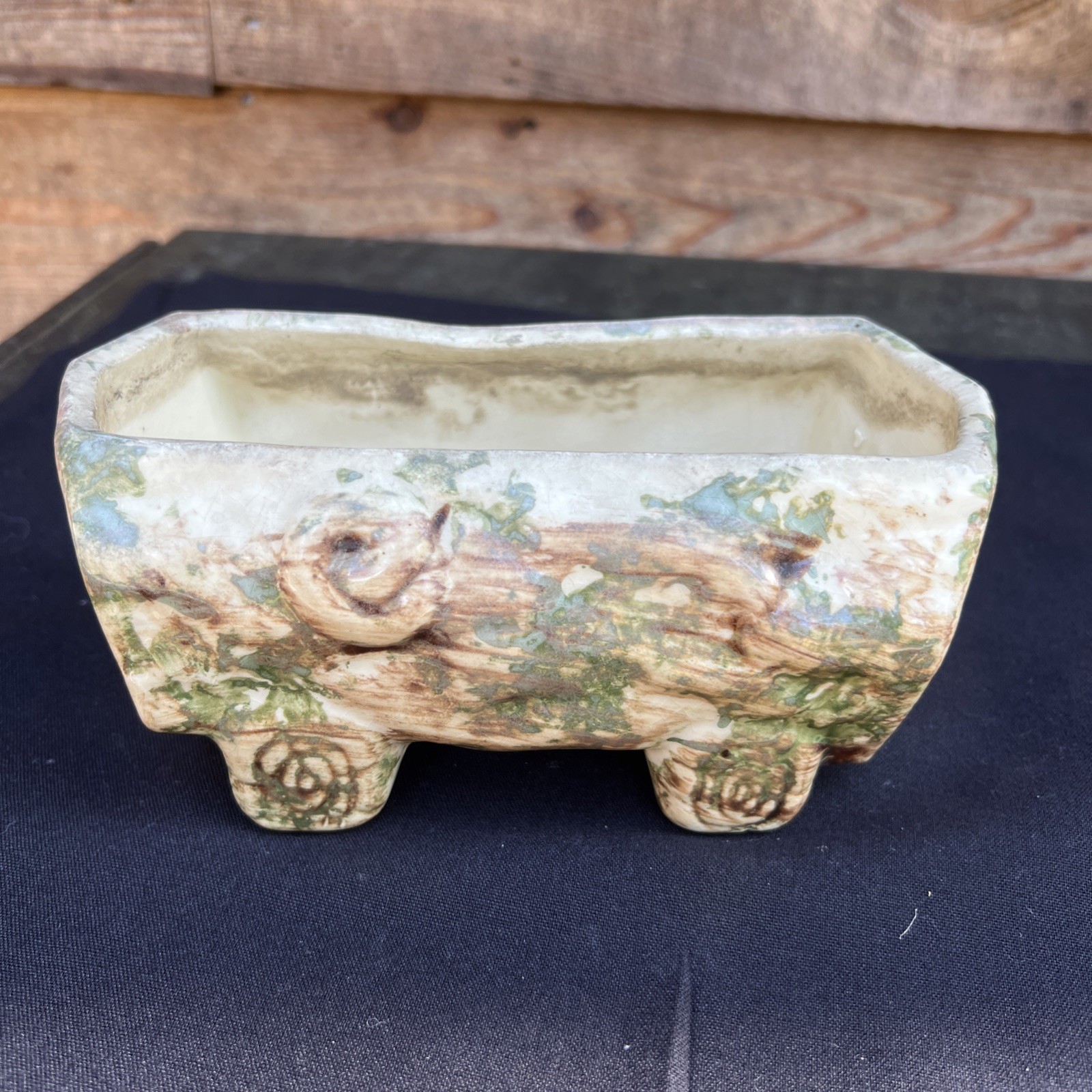 Vintage Log Shaped Planter Mid Century Pottery Ceramic Wood Forest