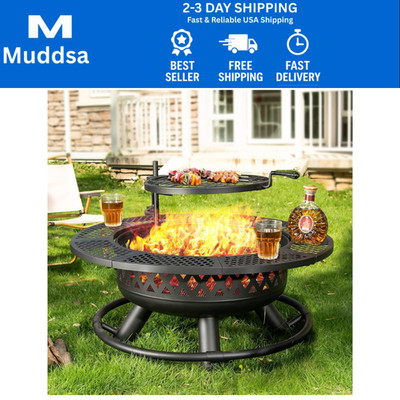 36 Inch Fire Pit with Grill,Wood Burning Fire Pits for outside with Lid& Fire Po