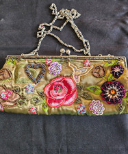 71 Gold Floral Print Evening Bag With Chain Strap And Metal Kisslock Closure