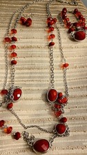 Red/Silver Beaded Oval Necklace Bracelet Earrings Jewelry Set Fashion