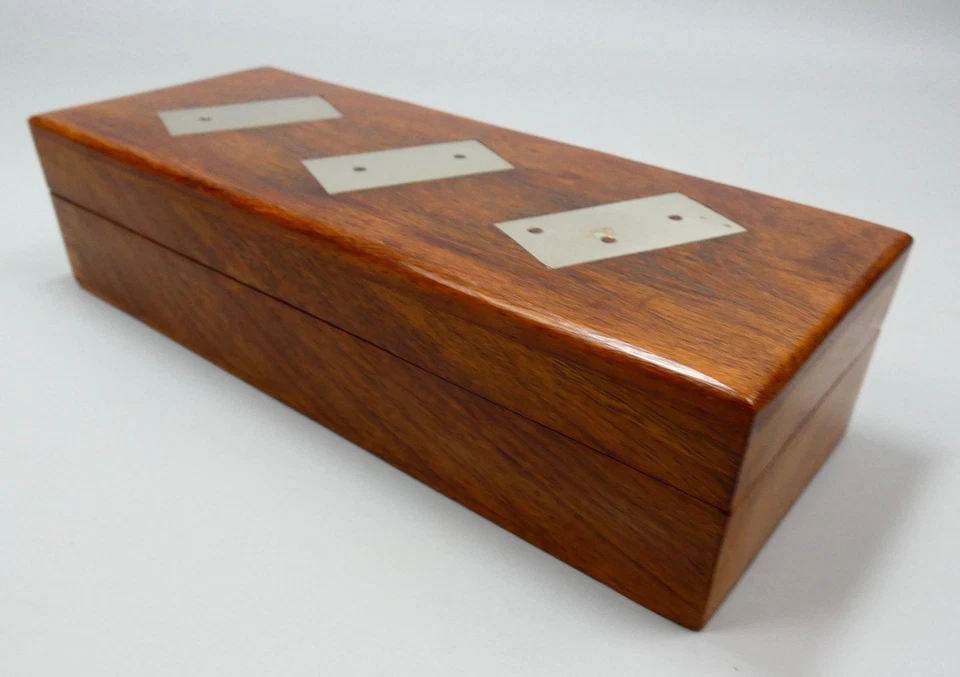 Vintage Wooden Dominoes Set Walnut Box Brass Inlay 28 Dominoes Handcrafted - VGC - Image 3 of 4