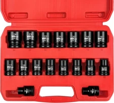 YIYITOOLS 17Pcs 1/2" Drive Shallow Impact Socket Set (8-24mm), 17Pcs, Black 