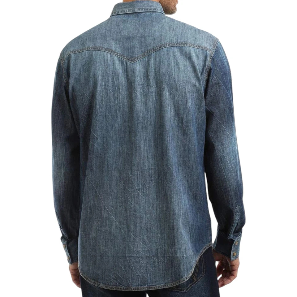Wrangler Mens Denim Shirt Vintage Long Sleeve Retro Lightweight Snap Button Top - Image 4 of 4