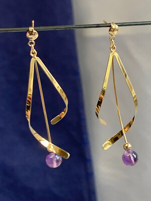 14K Gelbgold Ohrringe 2,22g feiner Schmuck lila Perlen Hänger/Tropfen *LESEN*