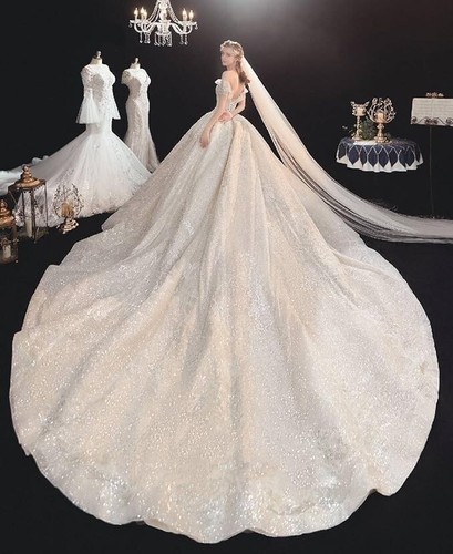 GREOENEL Amor White Wedding Dress Boat Neck Off Shoulder Long Tailing Princess - Picture 2 of 5