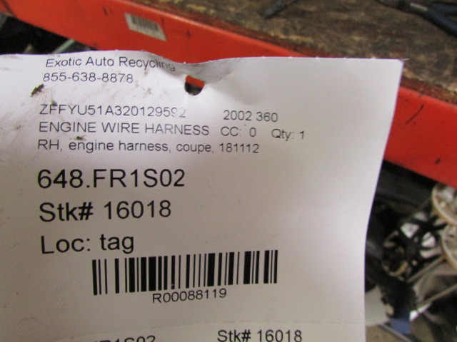 Ferrari 360, Coupe, RH, Right Engine Injection Wire Harness, Used, P/N 181112