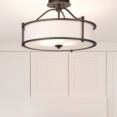 Semi Flush Mount Ceiling Light Bronze Drum Ceiling Light Fabric Shade 3 Light