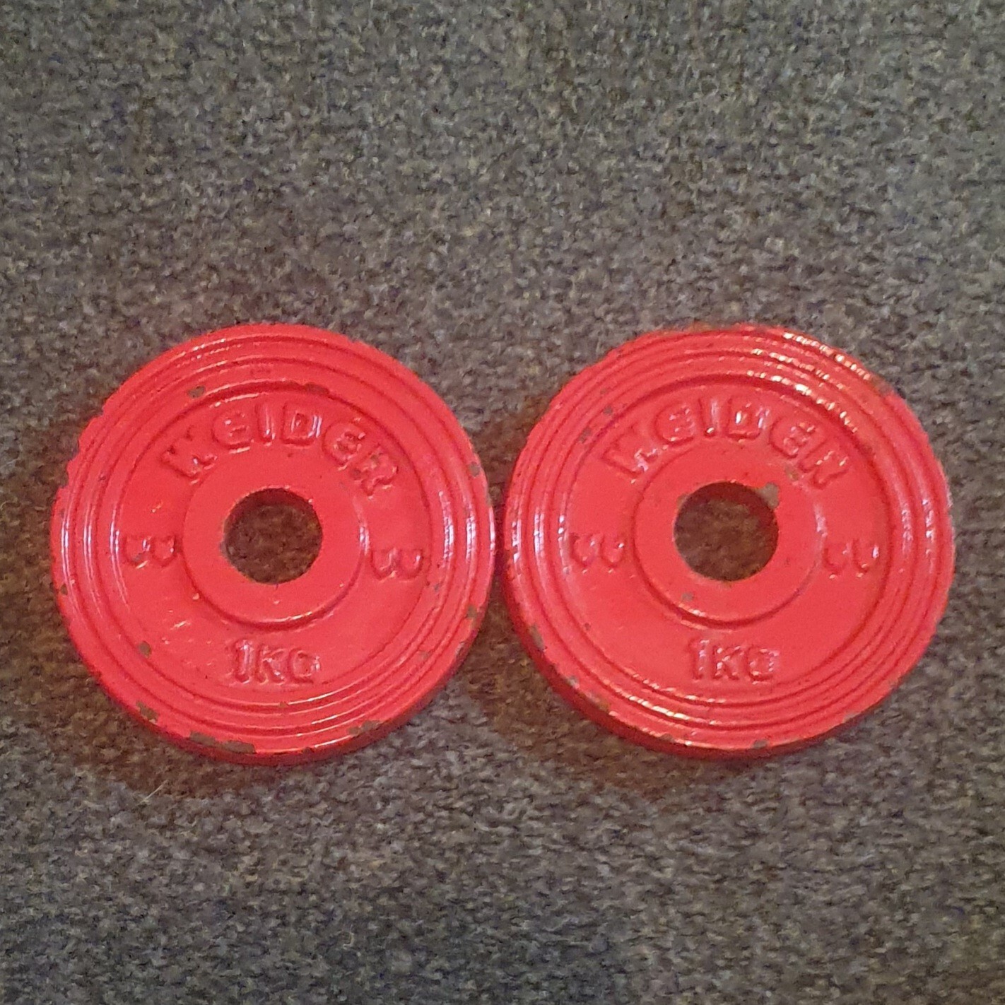 Vintage WEIDER Cast Iron Weight Plate 1" Centre 1kg x 2 Colour