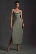 BHLDN EVENING FORMAL DRESS 14 CALI MOSS GREEN DRAPE NECK ANTHROPOLOGIE NWT $168