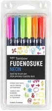 Tombow 56437 Fudenosuke Neon Brush Pen, 6-Pack. Hard Tip Fudenosuke Brush Pens 
