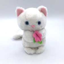 Vintage Russ Kristie White Cat Kitten 6  Plush Blue Eyes Holding Pink Flower