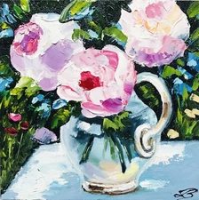 Original Artwork Peony Painting 6x6" Bright Pink Gifts for Her Oil Impasto